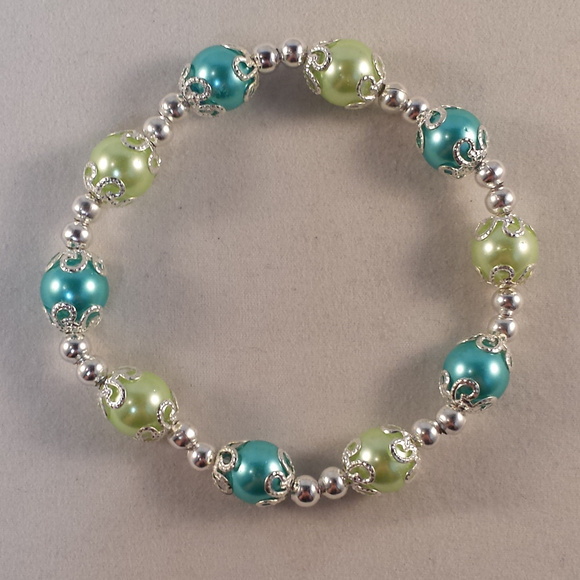 Silver Blue Green Pearl Stretch Bead Bracelet 10mm - Picture 2 of 3